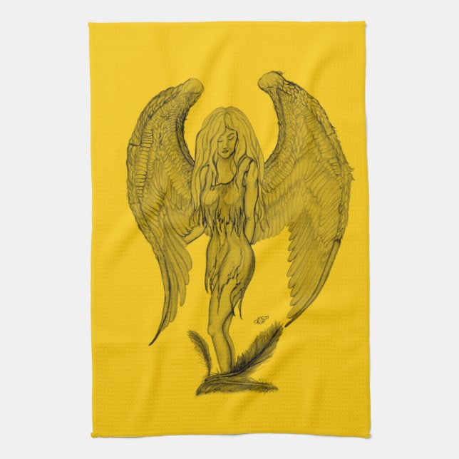 Angel , Pencil Art , yellow black design Kitchen Towel (Vertical)