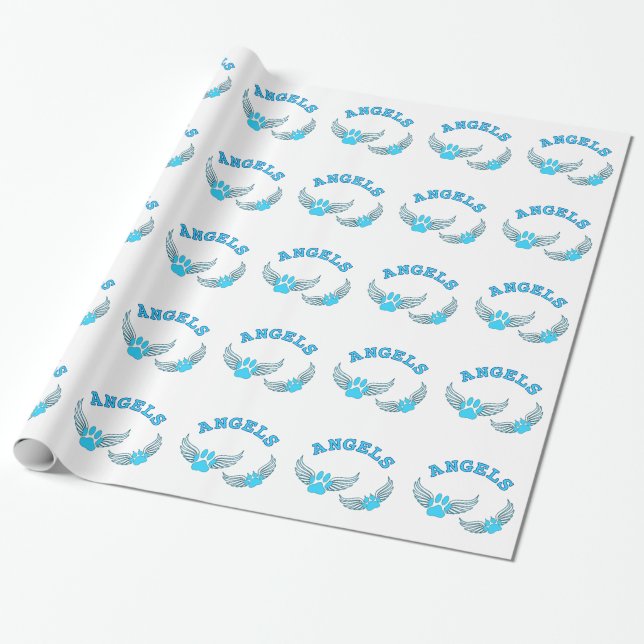 Angel Pet Paws In Blue Wrapping Paper (Unrolled)