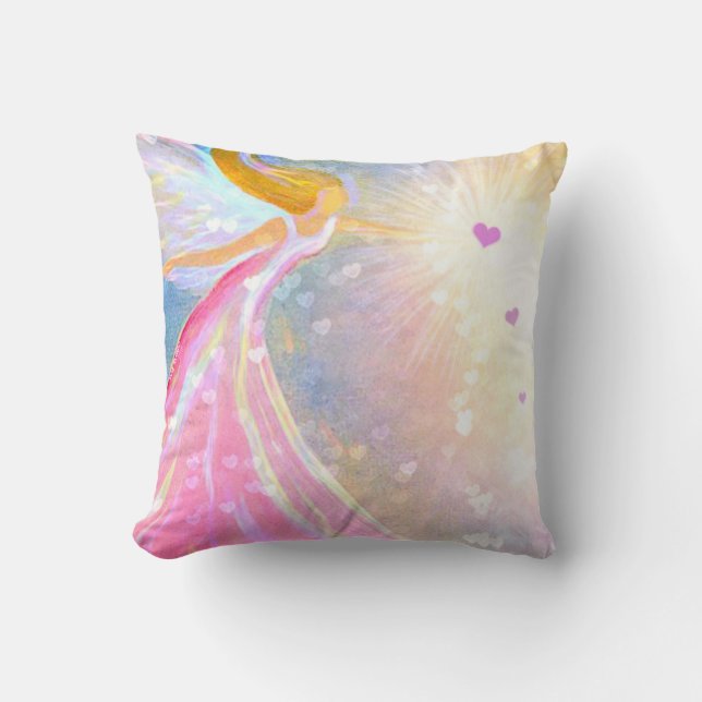 Angel Pink Blue Heart Blessings Throw Pillow (Front)