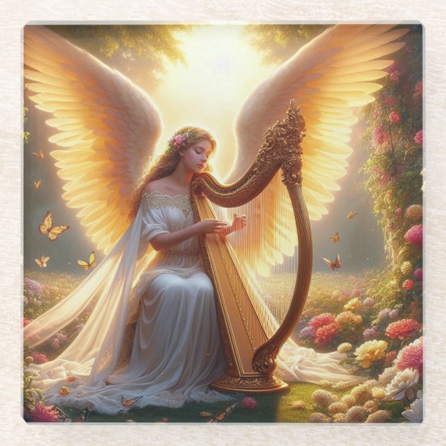 Angel Playing a Harp with Flowers & Butterflies Glass Coaster (Front)