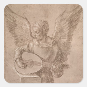 Angel playing a lute, 1491 square sticker