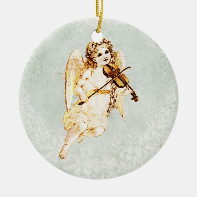 Angel Playing a Violin on a Shabby Vintage Texture Ceramic Ornament (Front)