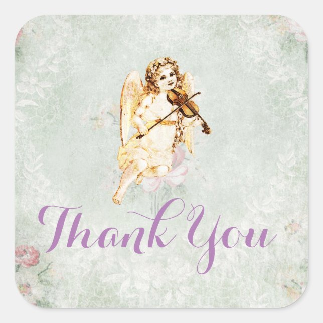 Angel Playing a Violin Thank You Square Sticker (Front)