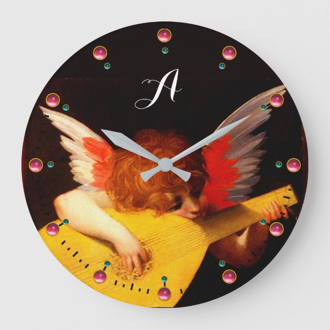 ANGEL PLAYING LUTE Music Making Cherub Monogram Large Clock (Front)