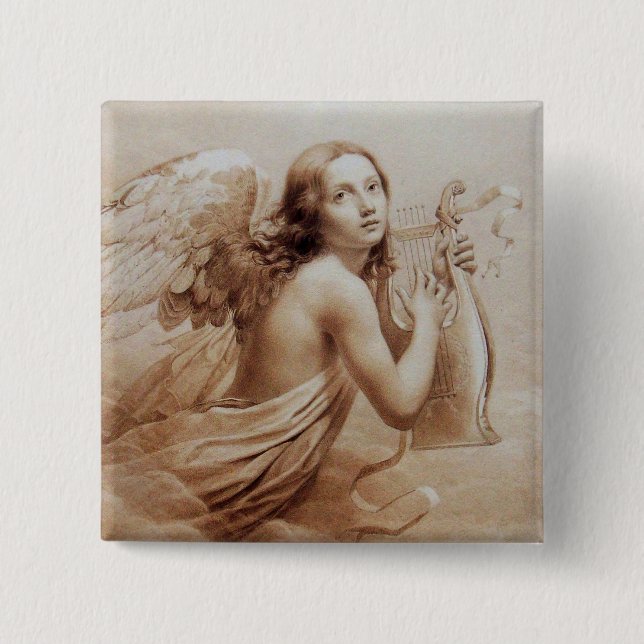 ANGEL PLAYING LYRA OVER THE CLOUDS 2 INCH SQUARE BUTTON (Front)
