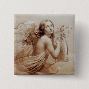 ANGEL PLAYING LYRA OVER THE CLOUDS 2 INCH SQUARE BUTTON