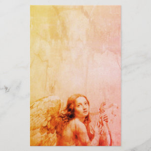 ANGEL PLAYING LYRA OVER THE CLOUDS Antique Orange Stationery