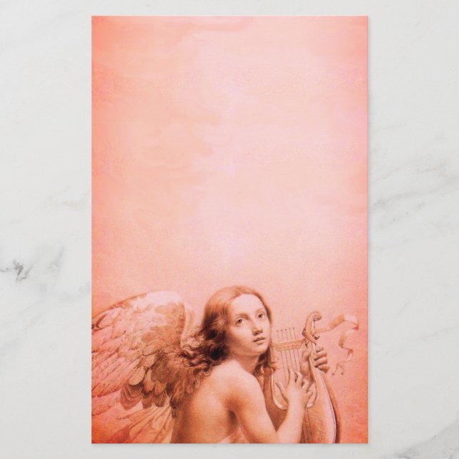 ANGEL PLAYING LYRA OVER THE CLOUDS Antique Red Stationery (Front)