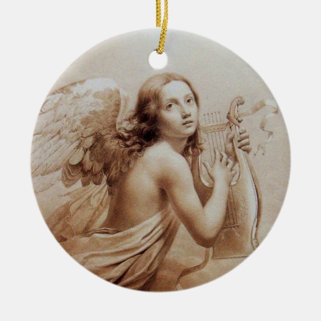 ANGEL PLAYING LYRA OVER THE CLOUDS brown Ceramic Ornament (Front)