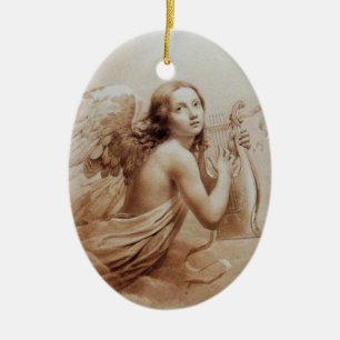 ANGEL PLAYING LYRA OVER THE CLOUDS brown Ceramic Ornament