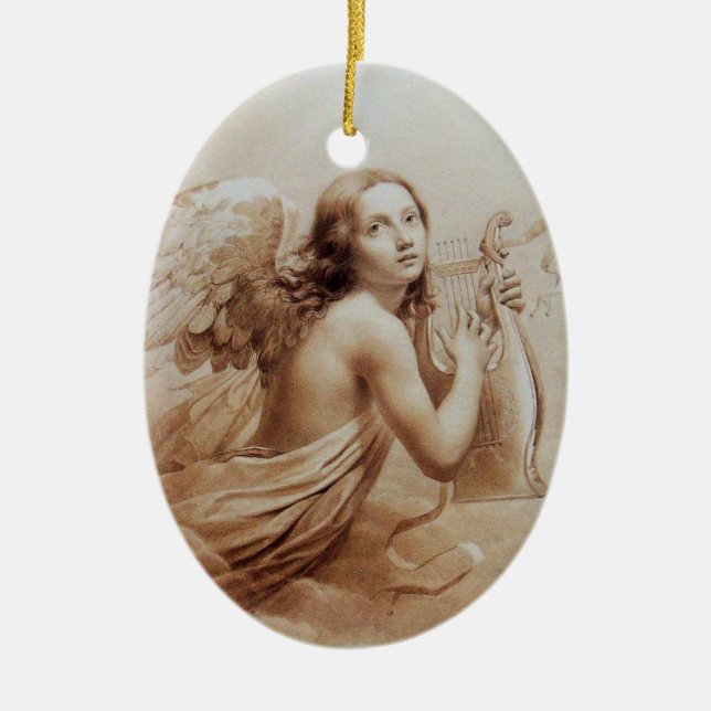 ANGEL PLAYING LYRA OVER THE CLOUDS brown Ceramic Ornament (Front)