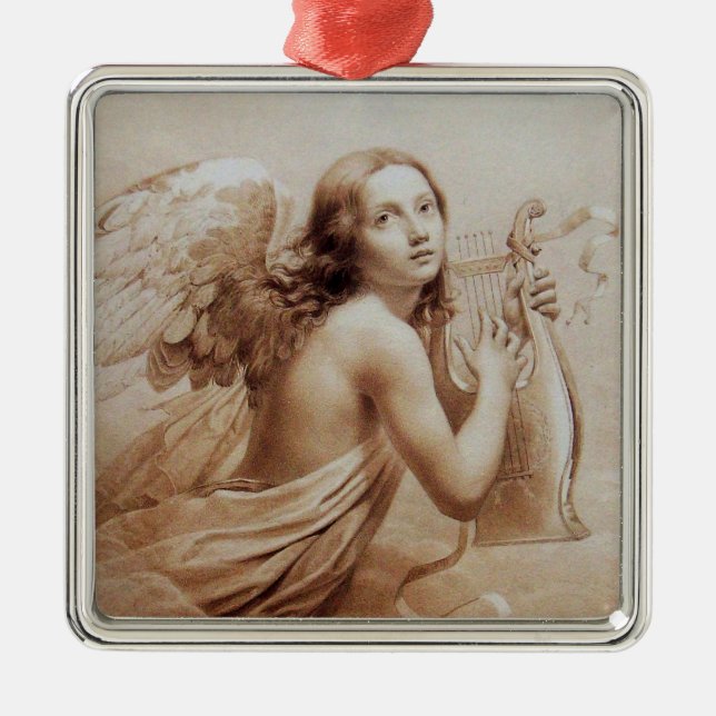 ANGEL PLAYING LYRA OVER THE CLOUDS ,Brown Metal Ornament (Front)