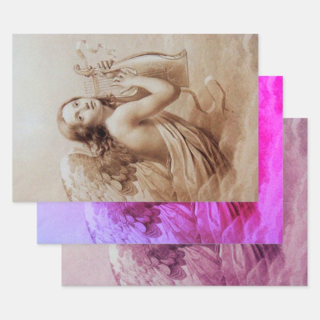 ANGEL PLAYING LYRA OVER THE CLOUDS Brown Pink Wrapping Paper Sheet (Set)