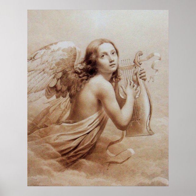 ANGEL PLAYING LYRA OVER THE CLOUDS Brown Sepia Poster (Front)