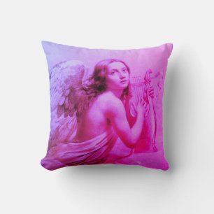 ANGEL PLAYING LYRA OVER THE CLOUDS Pink Blue Throw Pillow