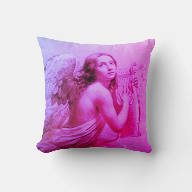 ANGEL PLAYING LYRA OVER THE CLOUDS Pink Blue Throw Pillow (Front)