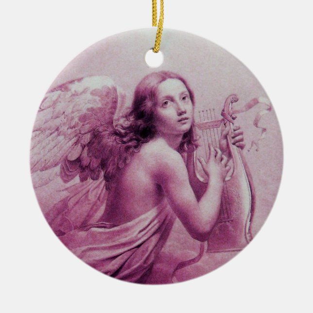 ANGEL PLAYING LYRA OVER THE CLOUDS pink Ceramic Ornament (Front)