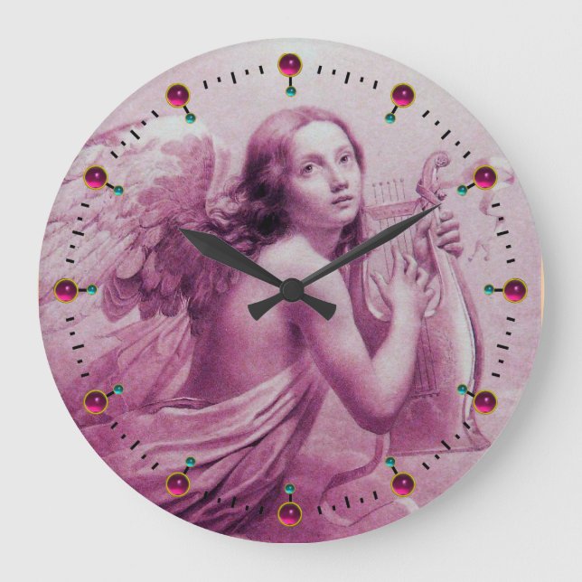 ANGEL PLAYING LYRA OVER THE CLOUDS Pink Fuchsia Large Clock (Front)