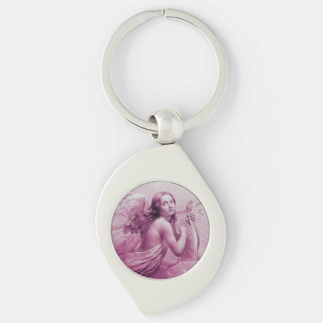 ANGEL PLAYING LYRA OVER THE CLOUDS pink Keychain (Front)