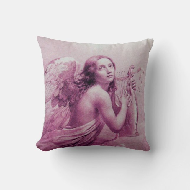 ANGEL PLAYING LYRA OVER THE CLOUDS pink Throw Pillow (Front)