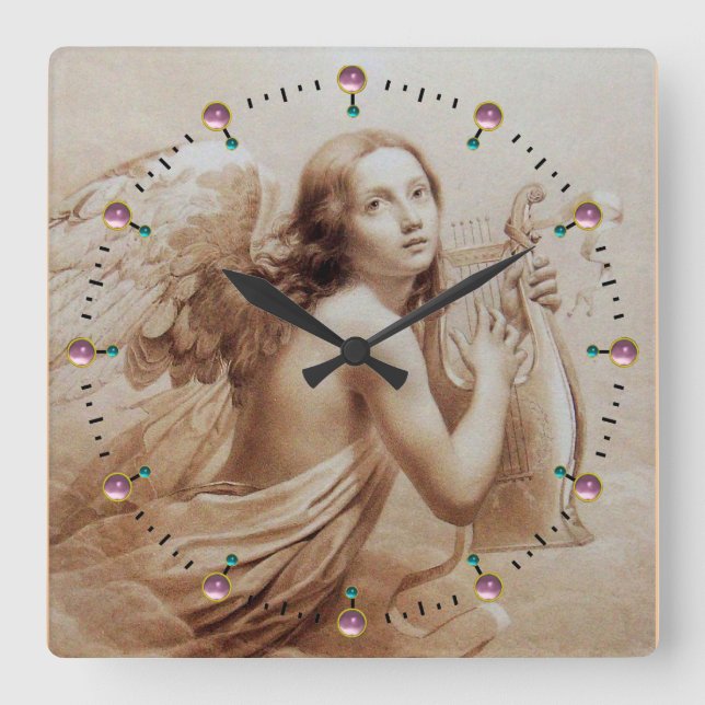 ANGEL PLAYING LYRA OVER THE CLOUDS Sepia Brown Square Wall Clock (Front)