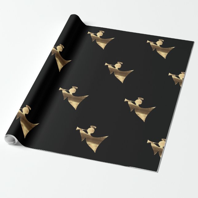 Angel playing Trumpet Black Gold Christmas Wrapping Paper (Unrolled)
