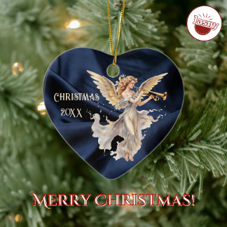 Angel Playing Trumpet Blue Heart Shaped Christmas Ceramic Ornament