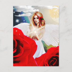 Angel Red Rose Wings Moon Beautiful Fantasy Art Postcard