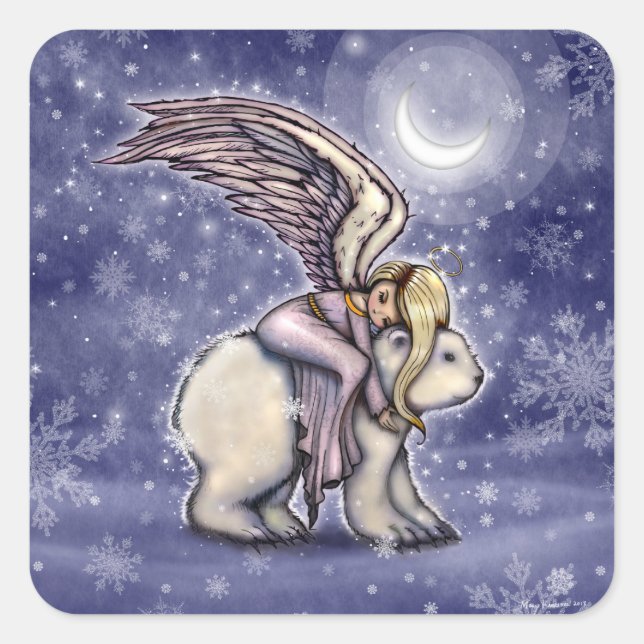 Angel riding Polar Bear Christmas Holiday Art Square Sticker (Front)