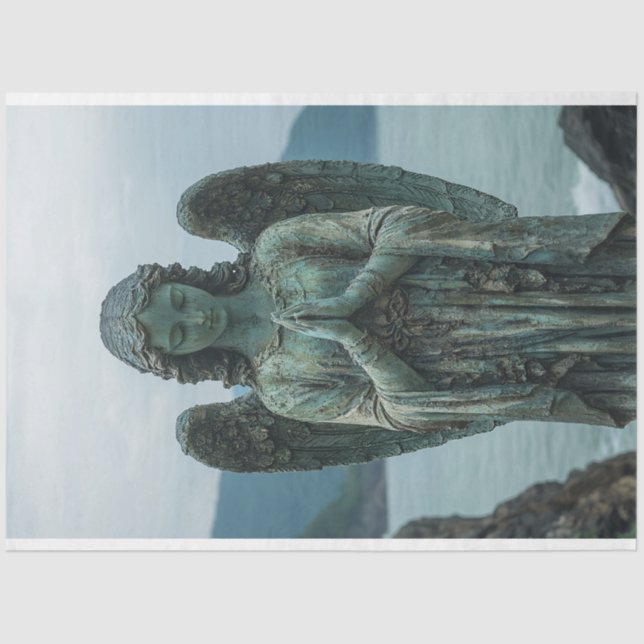 Angel Sculpture Covered in Patina Decoupage Tissue Paper (Front)