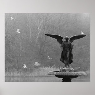 Angel Sculpture in Pond Poster