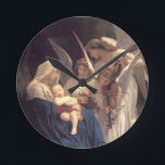 Angel Serenade Round Clock<br><div class="desc">Vintage 19th century art depicting three angels playing music for baby Jesus and Mary.  Fine art by William Adolphe-Bouguereau.</div>