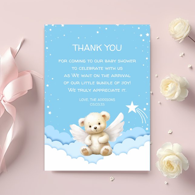 Angel Teddy Bear on Clouds Blue Thank You Card (Creator Uploaded)