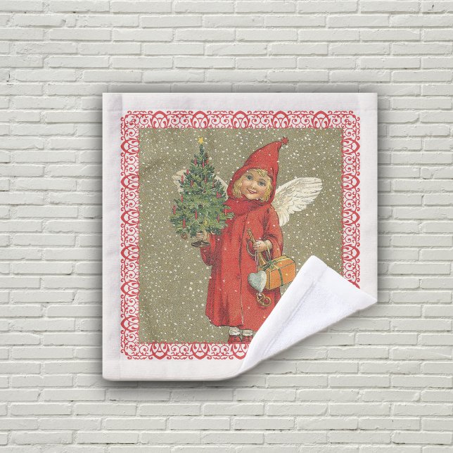 Angel victorien Red Cape Christmas Tree Snow (Little Victorian angel red cape, Christmas tree in red frame on tan with snowflakes on wash cloth.)