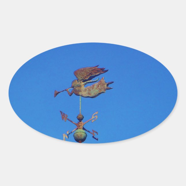 Angel Weather Vane Bright Blue Sky Oval Sticker (Front)