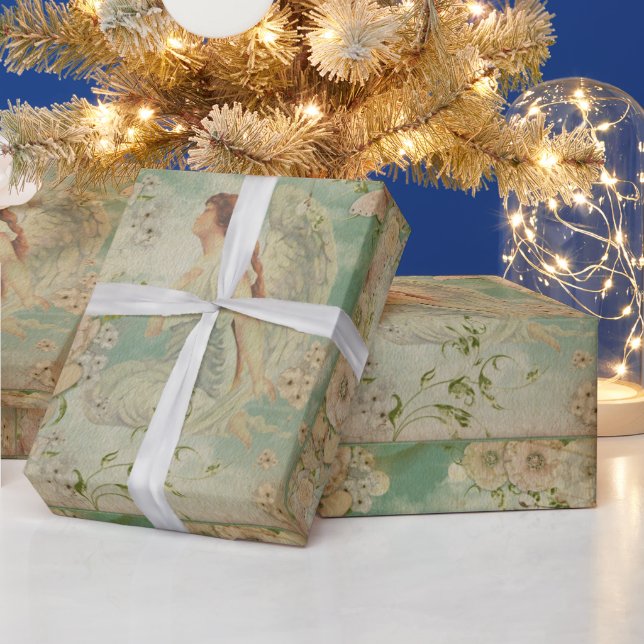 Angel White Flowers Blue Sky Wrapping Paper (Holidays)