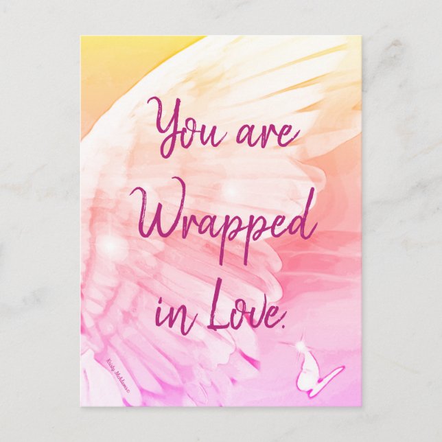 Angel Wing Butterfly Wrapped in Love Pink Note Postcard (Front)