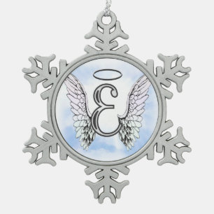 Angel Wings and Halo Monogram Letter E Snowflake Pewter Christmas Ornament