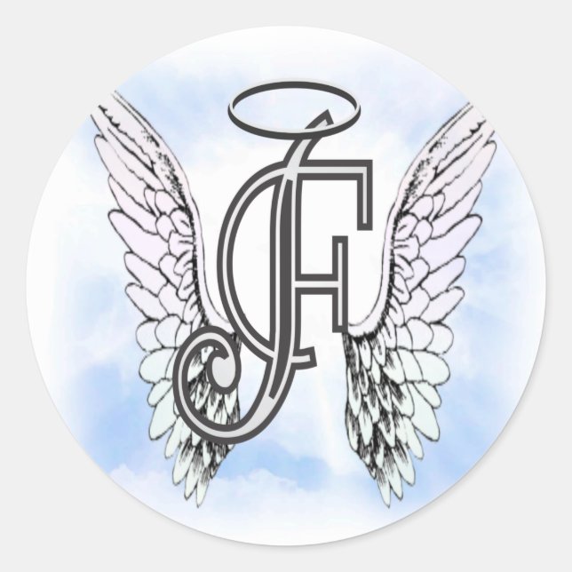 Angel Wings and Halo Monogram Letter F Classic Round Sticker (Front)