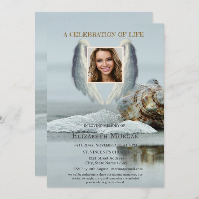 Angel Wings Beach Seashell Celebration Of Life Invitation (Front/Back)