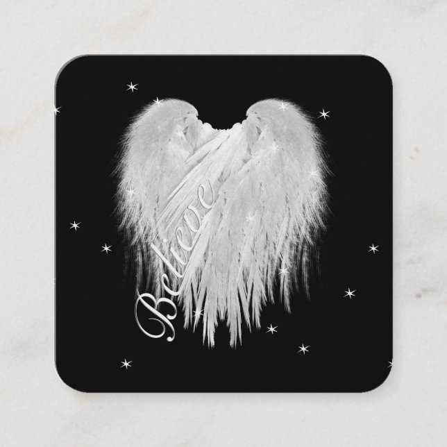 ANGEL WINGS 'Believe' Heart Black Starry Night Square Business Card (Front)