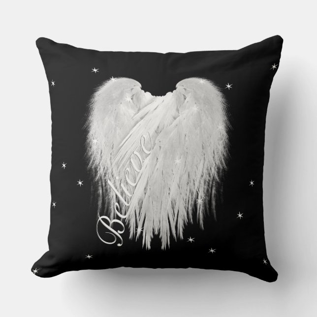 ANGEL WINGS 'Believe' Heart Black Starry Throw Pillow (Front)