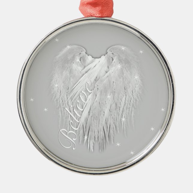 ANGEL WINGS 'Believe' Heart Starry Sparkle Metal Ornament (Front)