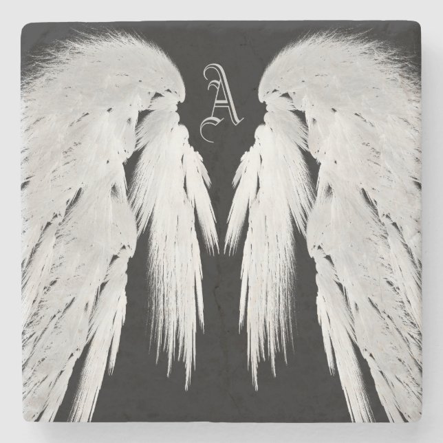 ANGEL WINGS Black Custom Monogram Stone Coaster (Front)