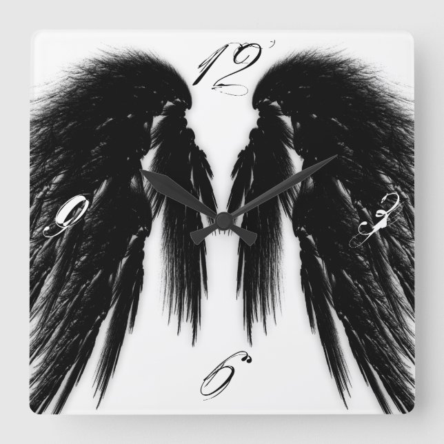 ANGEL WINGS Black White Square Wall Clock (Front)
