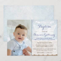 Angel Wings Burlap Lace Baby Boy Baptism PhotoCard