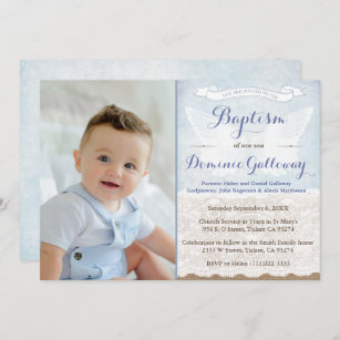 Angel Wings Burlap Lace Baby Boy Baptism PhotoCard Invitation