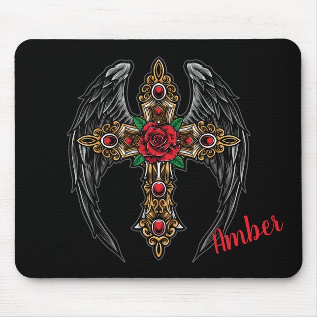 Angel Wings, Cross and Roses Mouse Pad (Front)