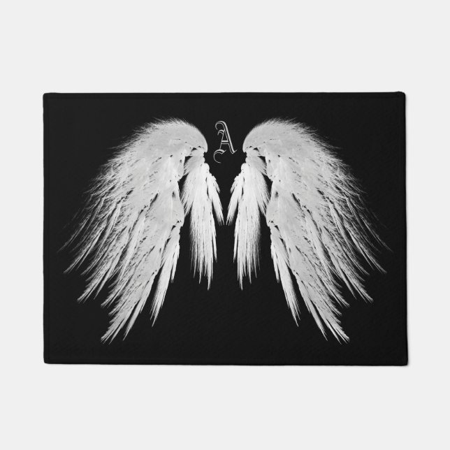 ANGEL WINGS Grey Touched Feathers Custom Monogram Doormat (Front)