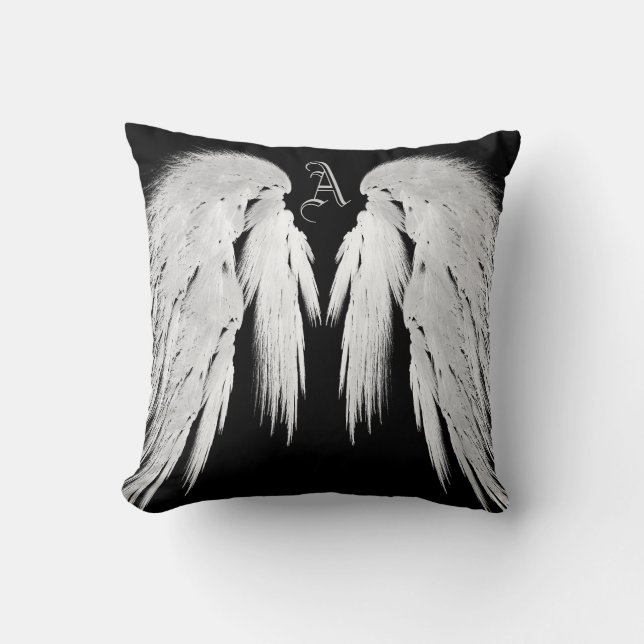 ANGEL WINGS Grey Touched Feathers Custom Monogram Throw Pillow (Front)